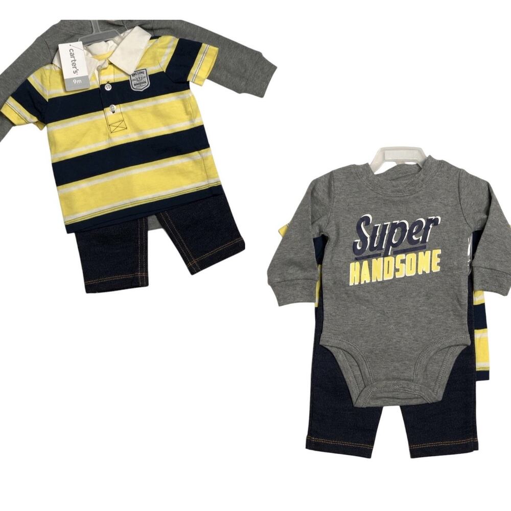 Carters Baby Boy 3 Pc Outfit Short Long Sleeve Shirts Jeans Super Handsome 9 M